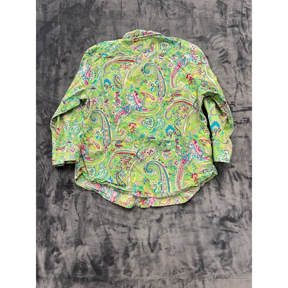 Chaps Classics Shirt Womens XL Green Pink Paisley Cotton 3/4 Sleeve Button Down - Picture 8 of 8